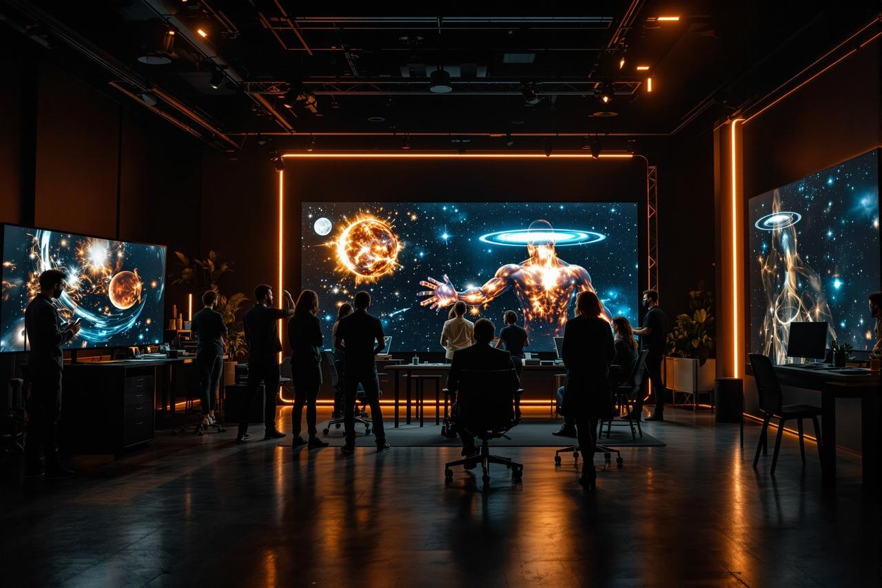 闪闪影院科研团队在现代化暗色调工作室协作,大屏幕显示宇宙可视化画面